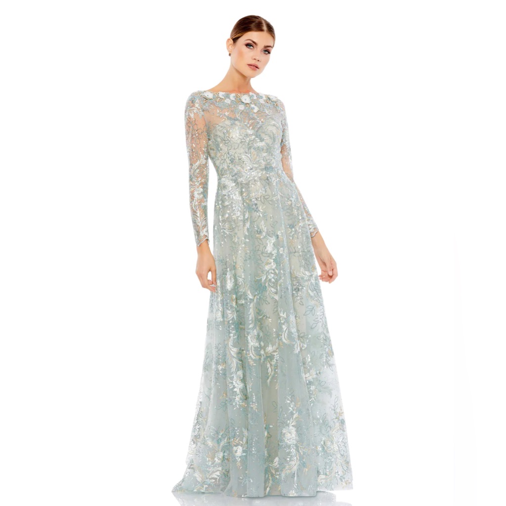 Mac Duggal Pale Blue And Silver Embroidered Maxi Gown